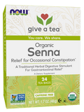 A box of NOW Organic Senna tea bags, featuring green and white packaging with leaf patterns, highlights its use for occasional constipation relief and is labeled as caffeine-free and USDA organic.