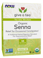 A box of NOW Organic Senna tea bags, featuring green and white packaging with leaf patterns, highlights its use for occasional constipation relief and is labeled as caffeine-free and USDA organic.