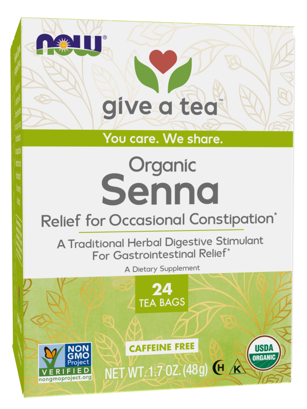 A box of NOW Organic Senna tea bags, featuring green and white packaging with leaf patterns, highlights its use for occasional constipation relief and is labeled as caffeine-free and USDA organic.