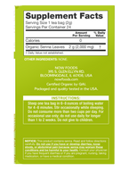 A green label displays supplement facts for organic senna leaves, including serving size, instructions for brewing tea, and health warnings, from NOW Foods, packaged in the USA.
