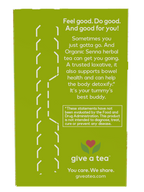A green packaging for Organic Senna herbal tea features playful text promoting its benefits for bowel health and detoxification, along with a logo and website for the brand "give a tea."