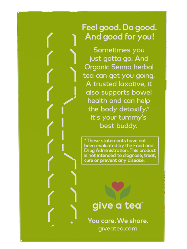 A green packaging for Organic Senna herbal tea features playful text promoting its benefits for bowel health and detoxification, along with a logo and website for the brand "give a tea."