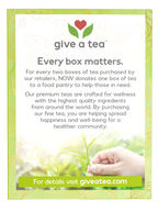 A hand gently touches a green tea leaf on a light background, accompanied by text promoting a tea brand that donates to food pantries for every two boxes sold, emphasizing community wellness.