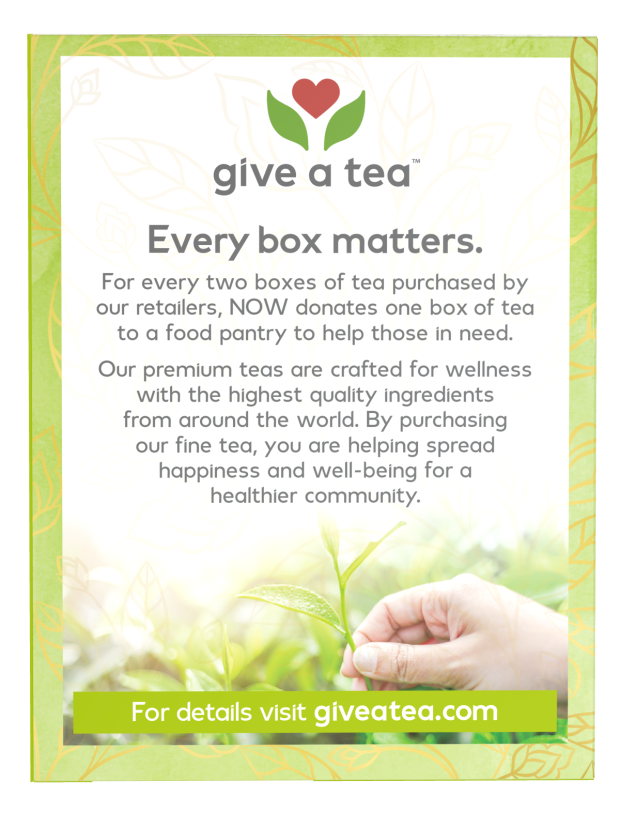 A hand gently touches a green tea leaf on a light background, accompanied by text promoting a tea brand that donates to food pantries for every two boxes sold, emphasizing community wellness.
