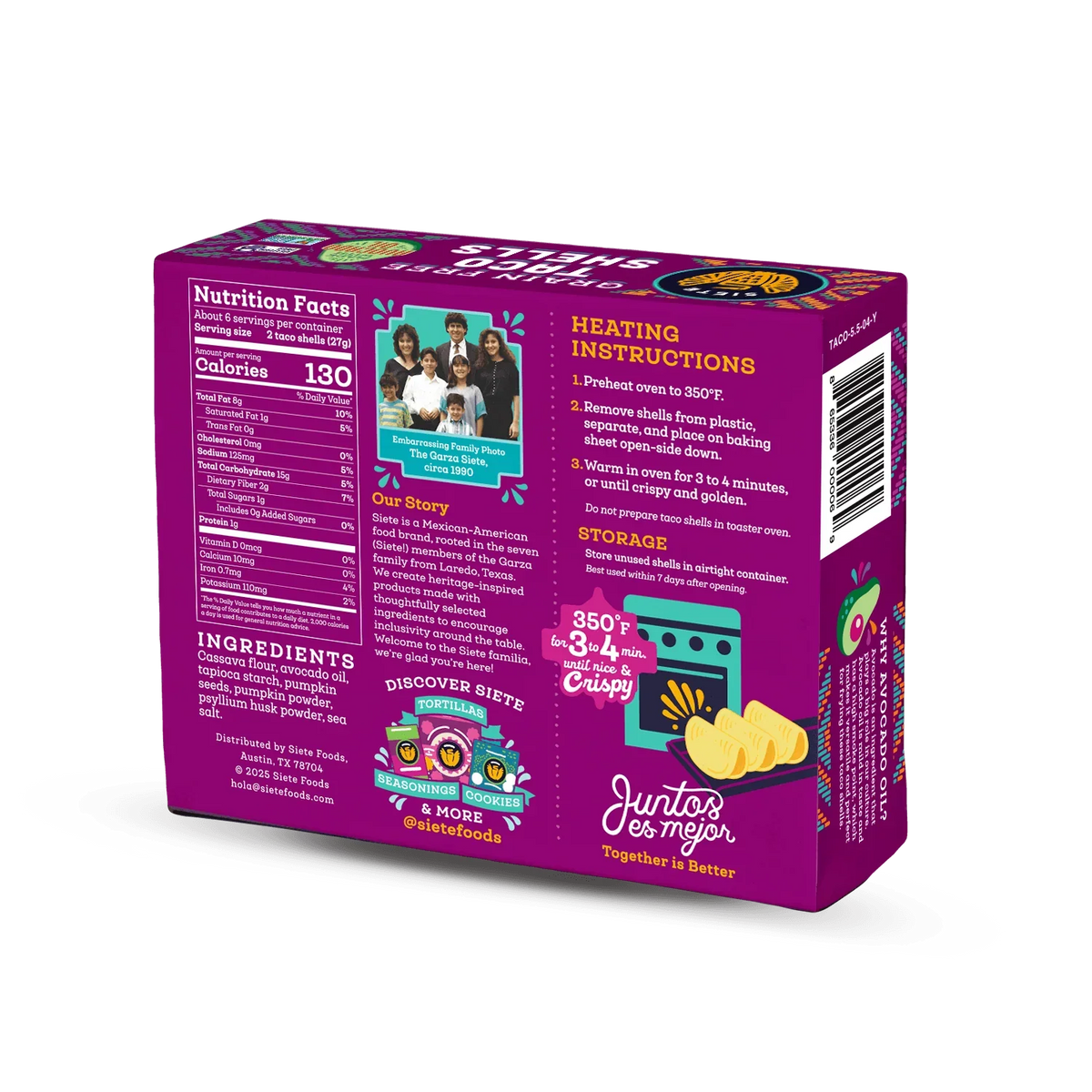 A colorful package for Siete Foods tortilla shells displays nutrition facts, heating instructions, and a family photo, emphasizing the brand's heritage and commitment to quality ingredients.