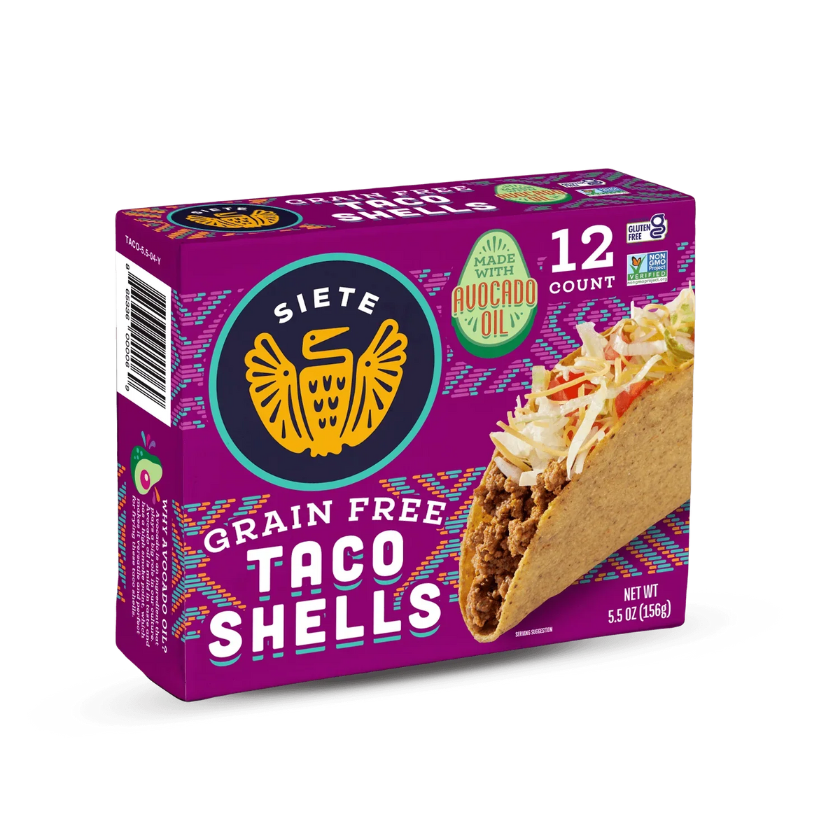 A colorful package of Siete Grain Free Taco Shells prominently displays the brand logo, highlights made with avocado oil, and shows a taco filled with meat and toppings, indicating a gluten-free product.