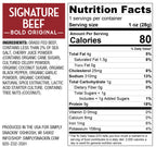 Nutrition facts label for "Signature Beef" snack, detailing ingredients, serving size, and nutritional information including calories, fats, protein, and vitamins.