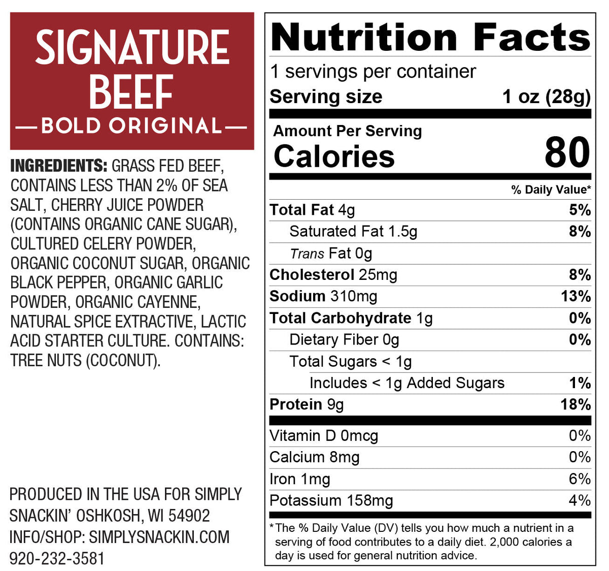 Nutrition facts label for "Signature Beef" snack, detailing ingredients, serving size, and nutritional information including calories, fats, protein, and vitamins.