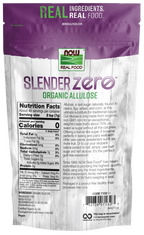 A purple and silver bag labeled "Slender Zero Organic Allulose" displays nutritional information and highlights that it is a low-calorie sugar substitute made from organic ingredients.