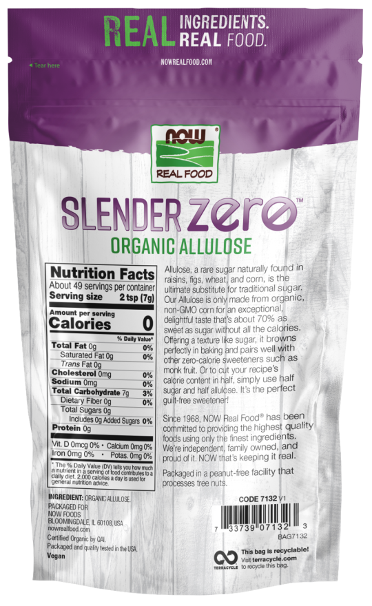 A purple and silver bag labeled "Slender Zero Organic Allulose" displays nutritional information and highlights that it is a low-calorie sugar substitute made from organic ingredients.