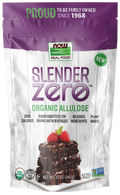 A purple and white bag of "Slender Zero Organic Allulose," a zero-calorie sugar substitute for baking and beverages, features a brownie topped with raspberries and chocolate drizzle.
