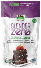 A purple and white bag of "Slender Zero Organic Allulose," a zero-calorie sugar substitute for baking and beverages, features a brownie topped with raspberries and chocolate drizzle.