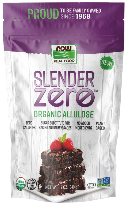A purple and white bag of "Slender Zero Organic Allulose," a zero-calorie sugar substitute for baking and beverages, features a brownie topped with raspberries and chocolate drizzle.