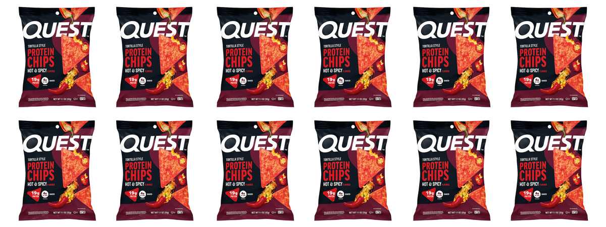 Front package of Quest Nutrition Tortilla Style Protein Chips, Hot & Spicy / 12-Pack (12 Bags)