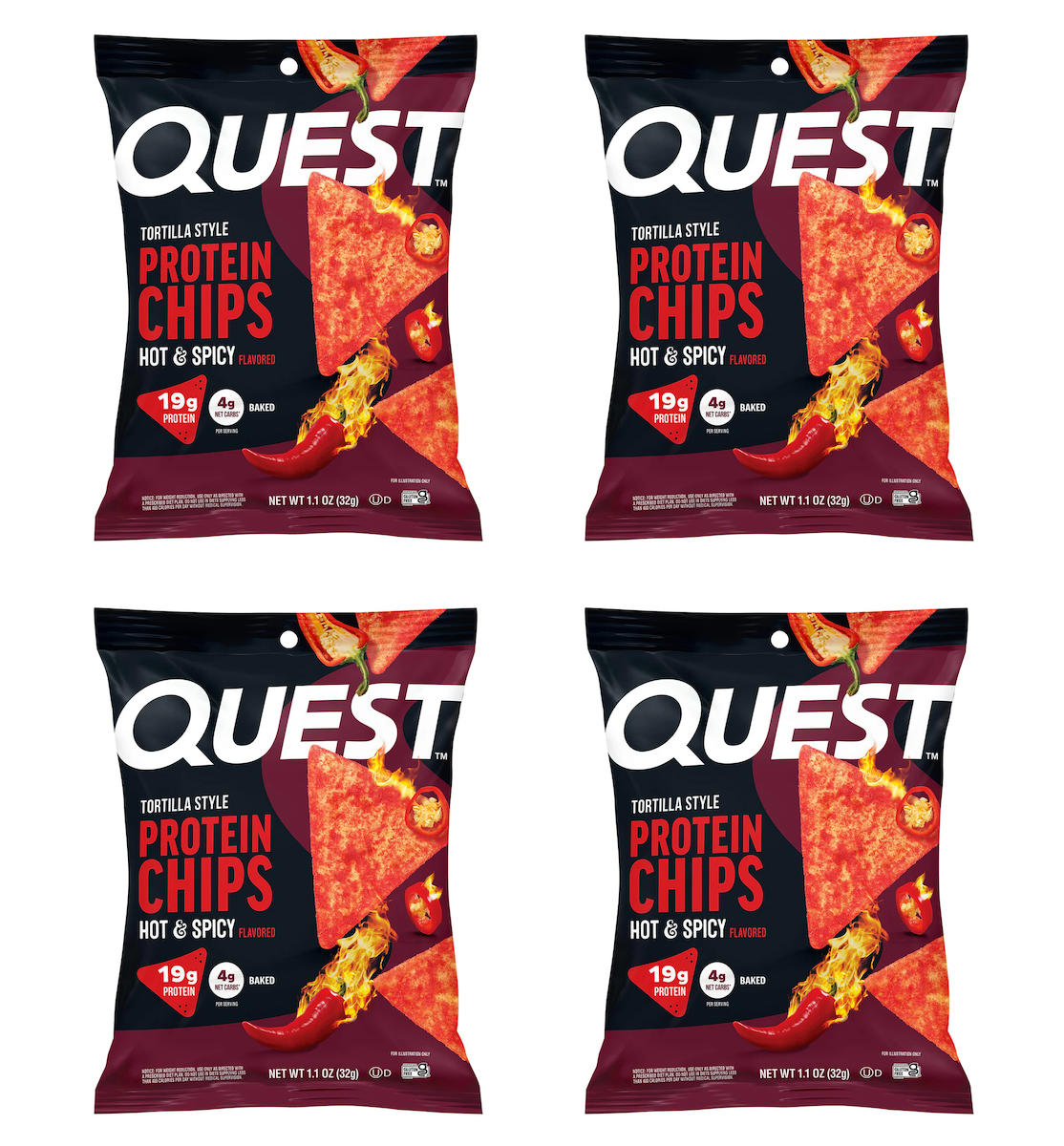 Front package of Quest Nutrition Tortilla Style Protein Chips, Hot & Spicy / 4-Pack (4 Bags)