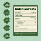 Nutrition facts label displaying zero calories, fat, sugar, and sodium, with details on serving size and ingredients like organic inulin and stevia, set against a leafy green background.