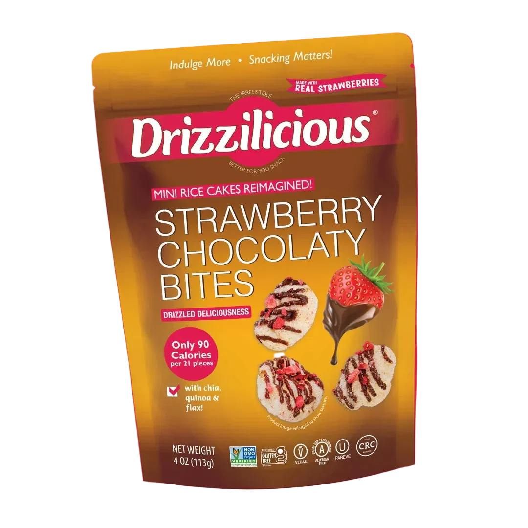 Front package of Drizzilicious Bites - Mini Rice Cakes, Strawberry Chocolaty / 4oz