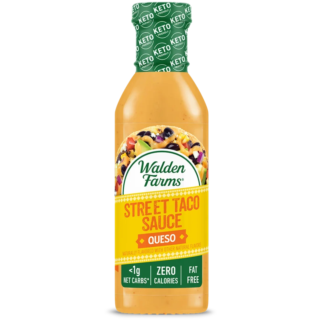Front bottle of Walden Farms Street Taco Sauce, Queso flavor.