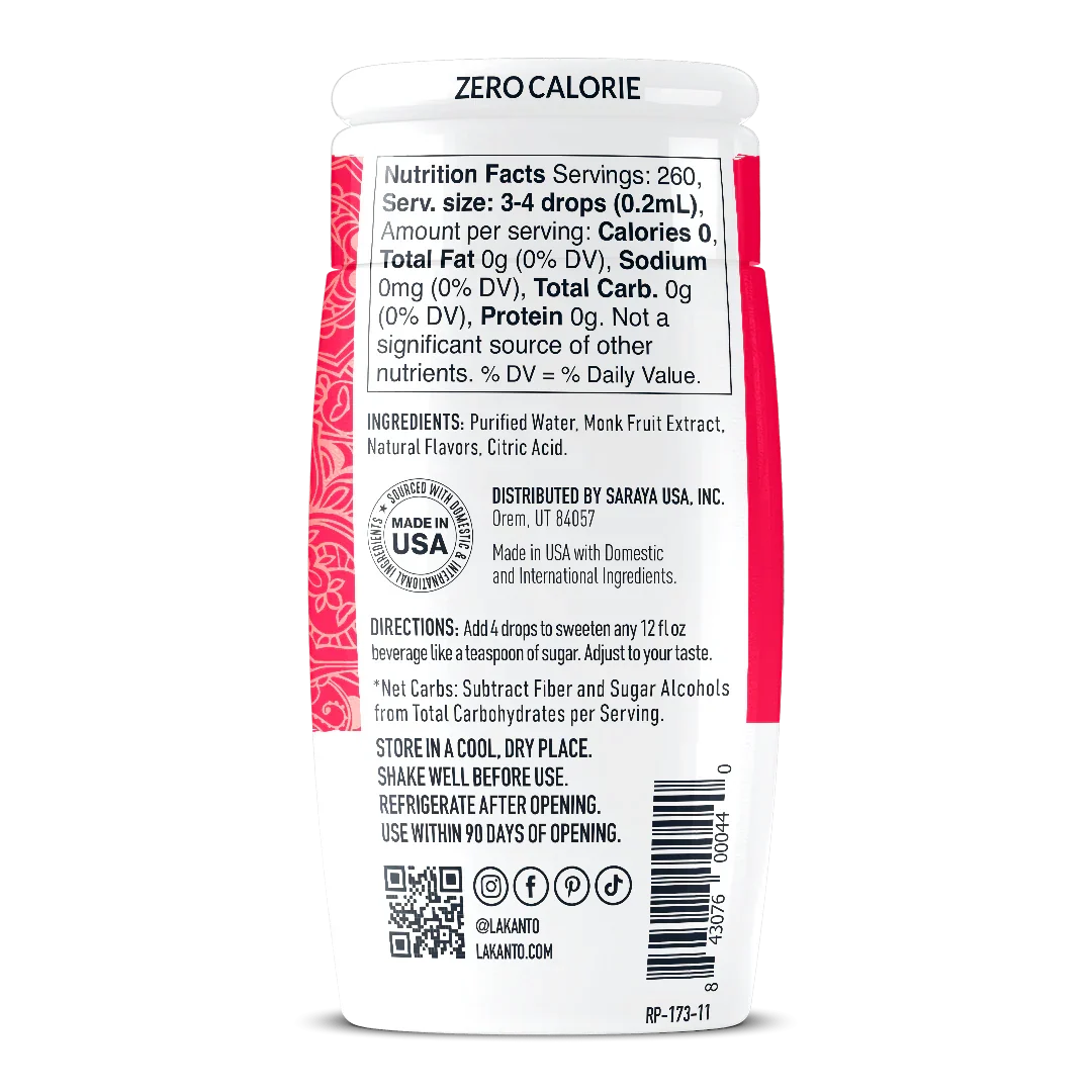 A bottle of zero-calorie sweetener featuring nutrition facts, ingredients, and usage directions, prominently displaying "ZERO CALORIE" on the front label.