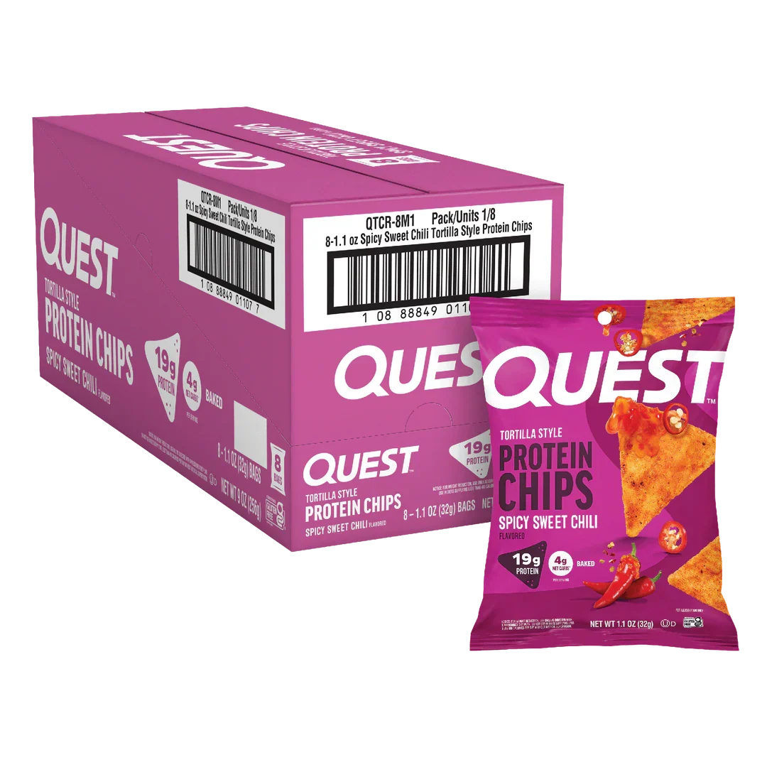 Front package of Quest Nutrition Tortilla Style Protein Chips, Spicy Sweet Chili / 8-Pack (8 Bags)