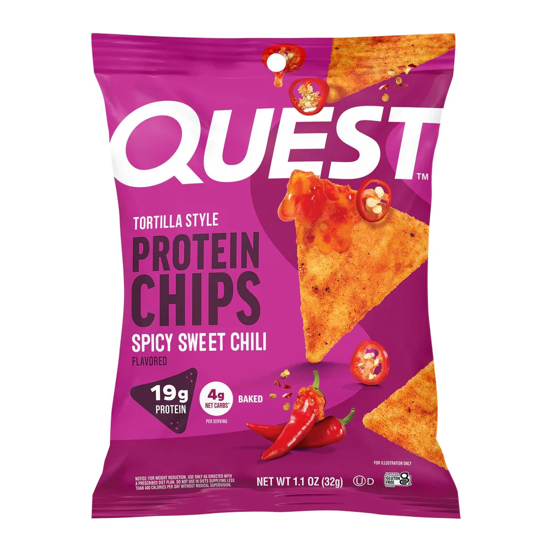 Front package of Quest Nutrition Tortilla Style Protein Chips, Spicy Sweet Chili / Single Bag