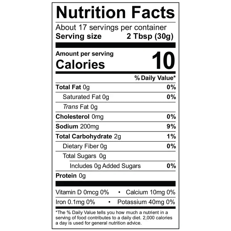 G Hughes Sweet & Spicy BBQ Sauce Nutrition Facts: 2 Tbsp (30g), 10 calories, 2g carbohydrates, 0g fiber, 0g protein.