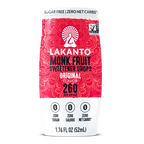 A bottle of Lakanto Monk Fruit Sweetener Drops in original flavor, featuring a vibrant red design, highlights its zero sugar, zero calorie, and zero net carbs benefits, with a capacity of 1.76 fluid ounces.