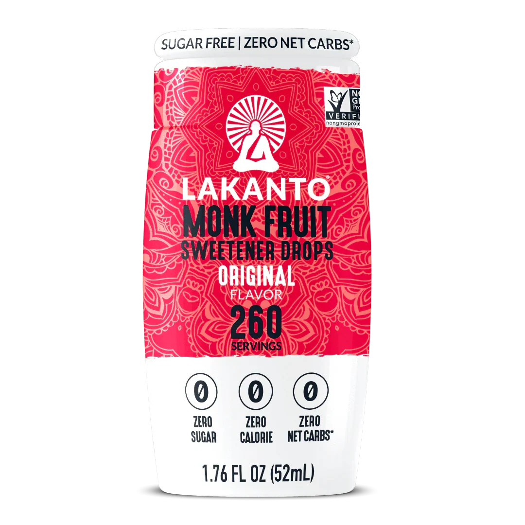 A bottle of Lakanto Monk Fruit Sweetener Drops in original flavor, featuring a vibrant red design, highlights its zero sugar, zero calorie, and zero net carbs benefits, with a capacity of 1.76 fluid ounces.
