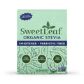 A light green box of SweetLeaf Organic Stevia sweetener, featuring 70 packets, highlights its zero-calorie, zero-erythritol, and zero-sugar benefits, with a note about its new look.
