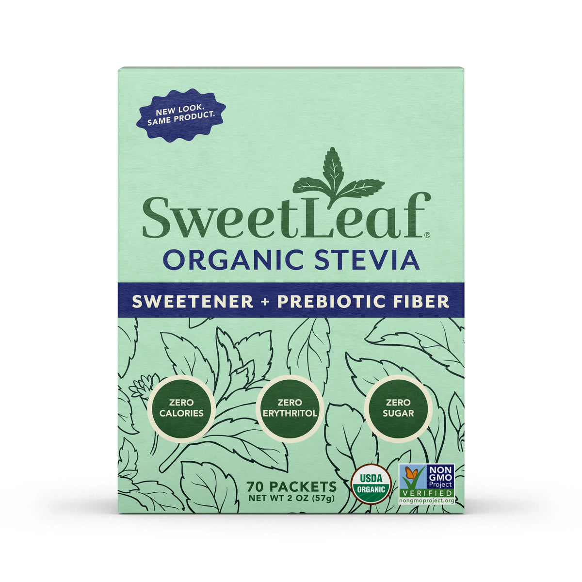 A light green box of SweetLeaf Organic Stevia sweetener, featuring 70 packets, highlights its zero-calorie, zero-erythritol, and zero-sugar benefits, with a note about its new look.