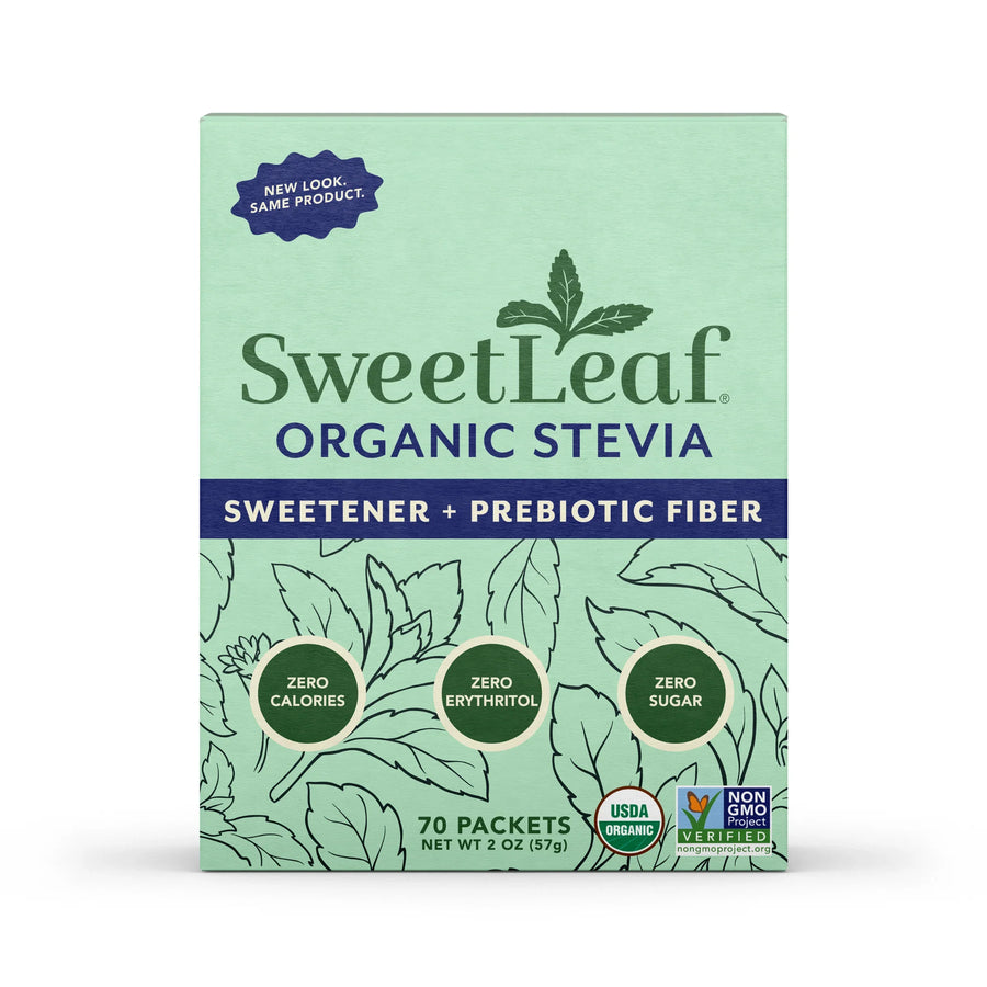 A light green box of SweetLeaf Organic Stevia sweetener, featuring 70 packets, highlights its zero-calorie, zero-erythritol, and zero-sugar benefits, with a note about its new look.
