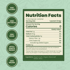 A nutrition facts label on a light green background lists details for a zero-calorie product, highlighting zero fat, sugar, and sodium, with ingredients including organic inulin and stevia.