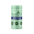 A light green container labeled "SweetLeaf Organic Stevia" features a design with leaves, highlighting it as a zero-calorie sweetener with prebiotic fiber, and weighs 3.2 ounces.