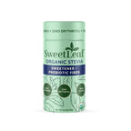A light green container labeled "SweetLeaf Organic Stevia" features a design with leaves, highlighting it as a zero-calorie sweetener with prebiotic fiber, and weighs 3.2 ounces.