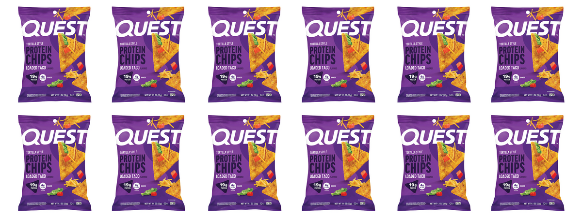Front package of Quest Nutrition Tortilla Style Protein Chips, Loaded Taco / 12-Pack (12 Bags)