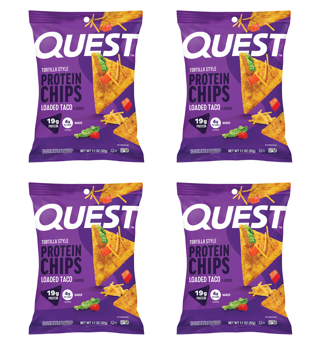 Front package of Quest Nutrition Tortilla Style Protein Chips, Loaded Taco / 4-Pack (4 Bags)
