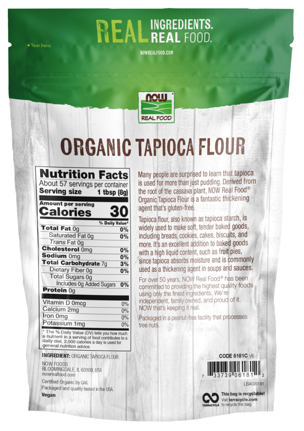 Nutrition facts label for NOW Tapioca Flour 16 oz.