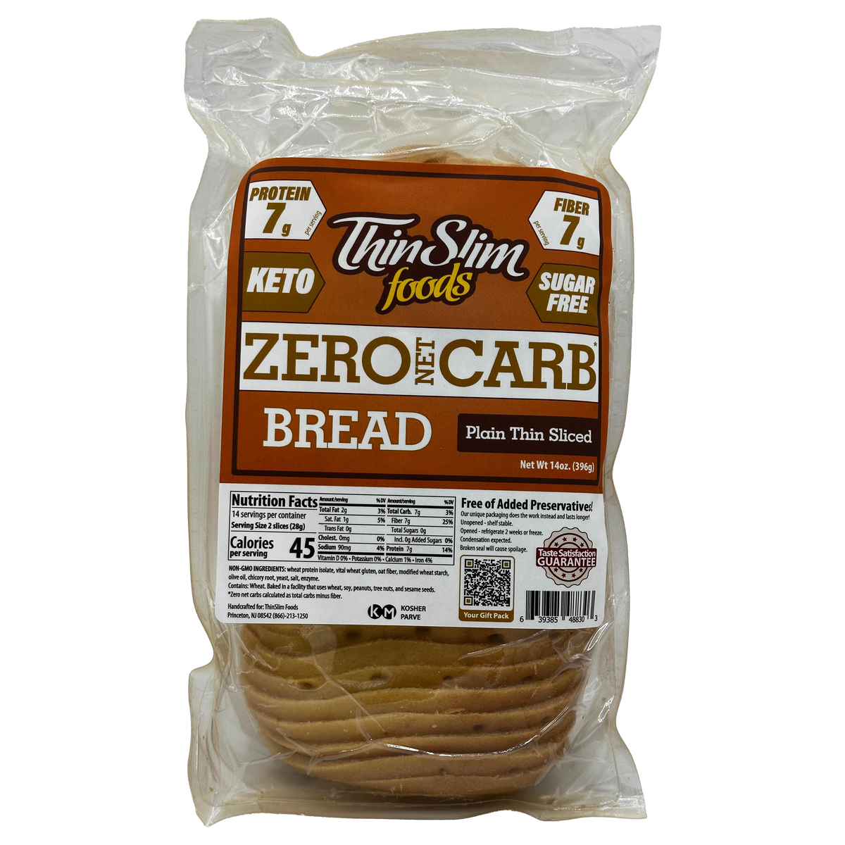 A package of ThinSlim Foods Plain Thin Sliced Zero Net Carb Bread.
