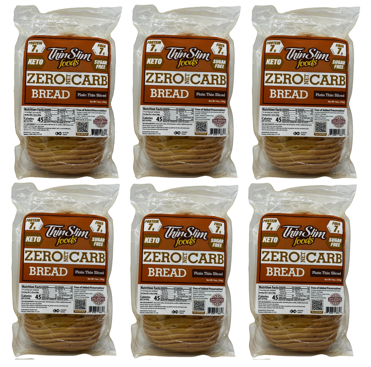 Six packages of ThinSlim Foods Plain Thin Sliced Zero Net Carb Bread.