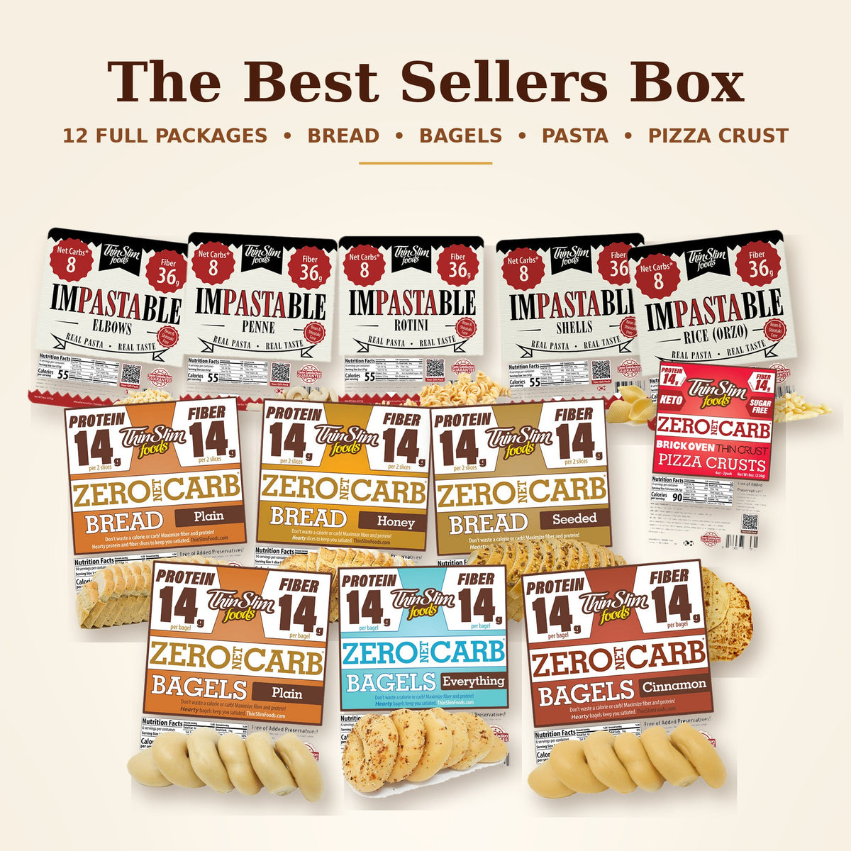 The Best Sellers Box: 12 full packages of ThinSlim bread, bagels, Impastable pasta and pizza crust