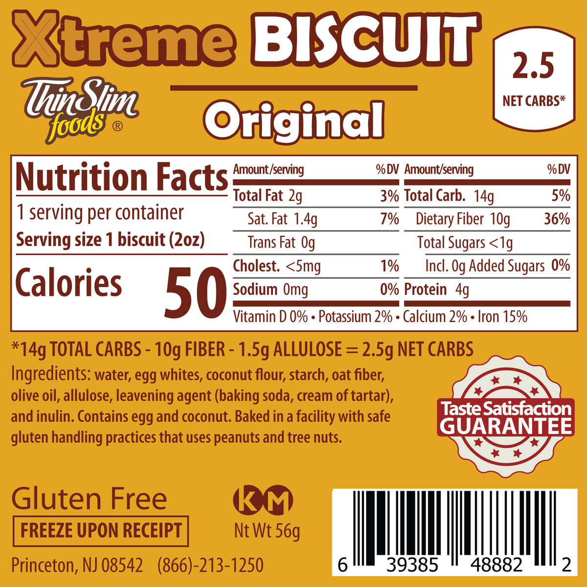 ThinSlim Foods Biscuit label with Nutrition Facts, ingredients, and storage instructions.