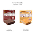 Brownie and Almond Square sweets with their labels, one full six-pack of each, 12 sweets total.
