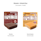 Brownie and Almond Square sweets with their labels, one full six-pack of each, 12 sweets total.
