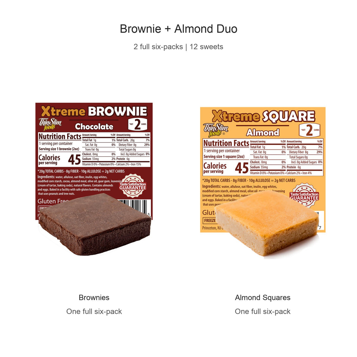 Brownie and Almond Square sweets with their labels, one full six-pack of each, 12 sweets total.