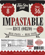Impastable Rice Orzo package label with Nutrition Facts, ingredients, and preparation instructions.