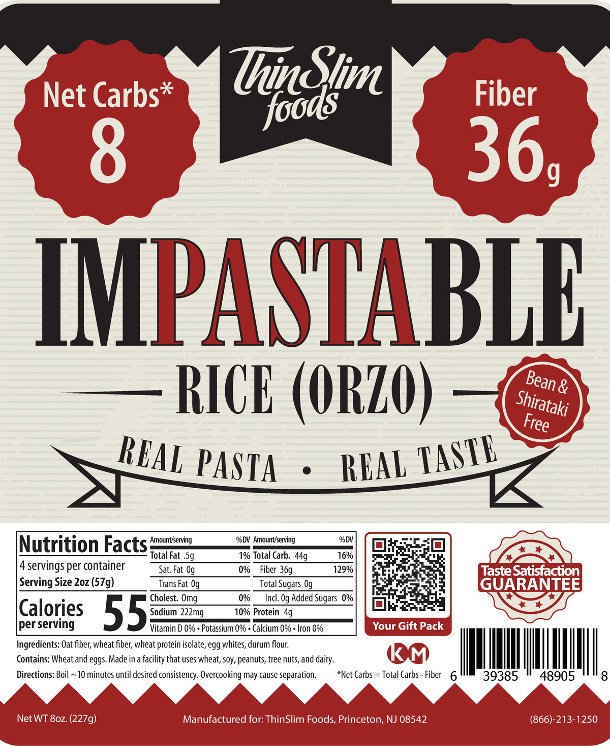 Impastable Rice Orzo package label with Nutrition Facts, ingredients, and preparation instructions.