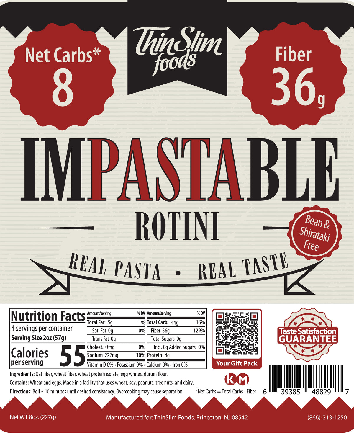 Impastable Rotini package label with Nutrition Facts, ingredients, and preparation instructions.