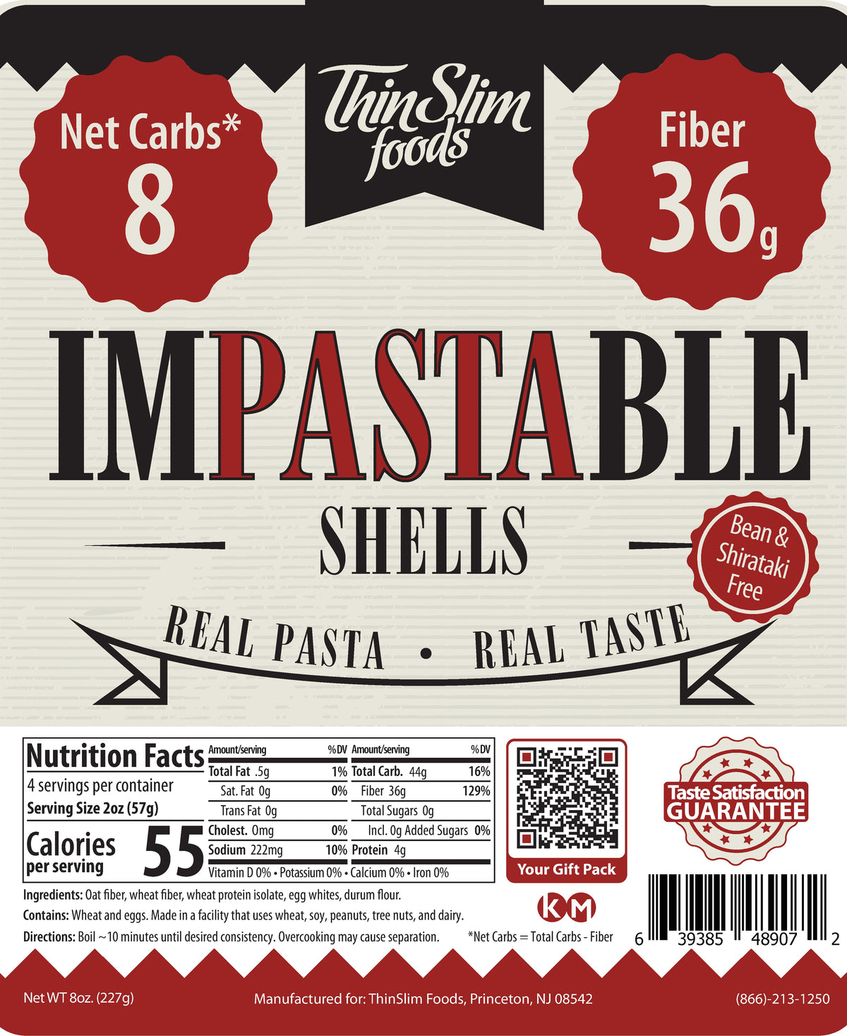 Impastable Shells package label with Nutrition Facts, ingredients, and preparation instructions.