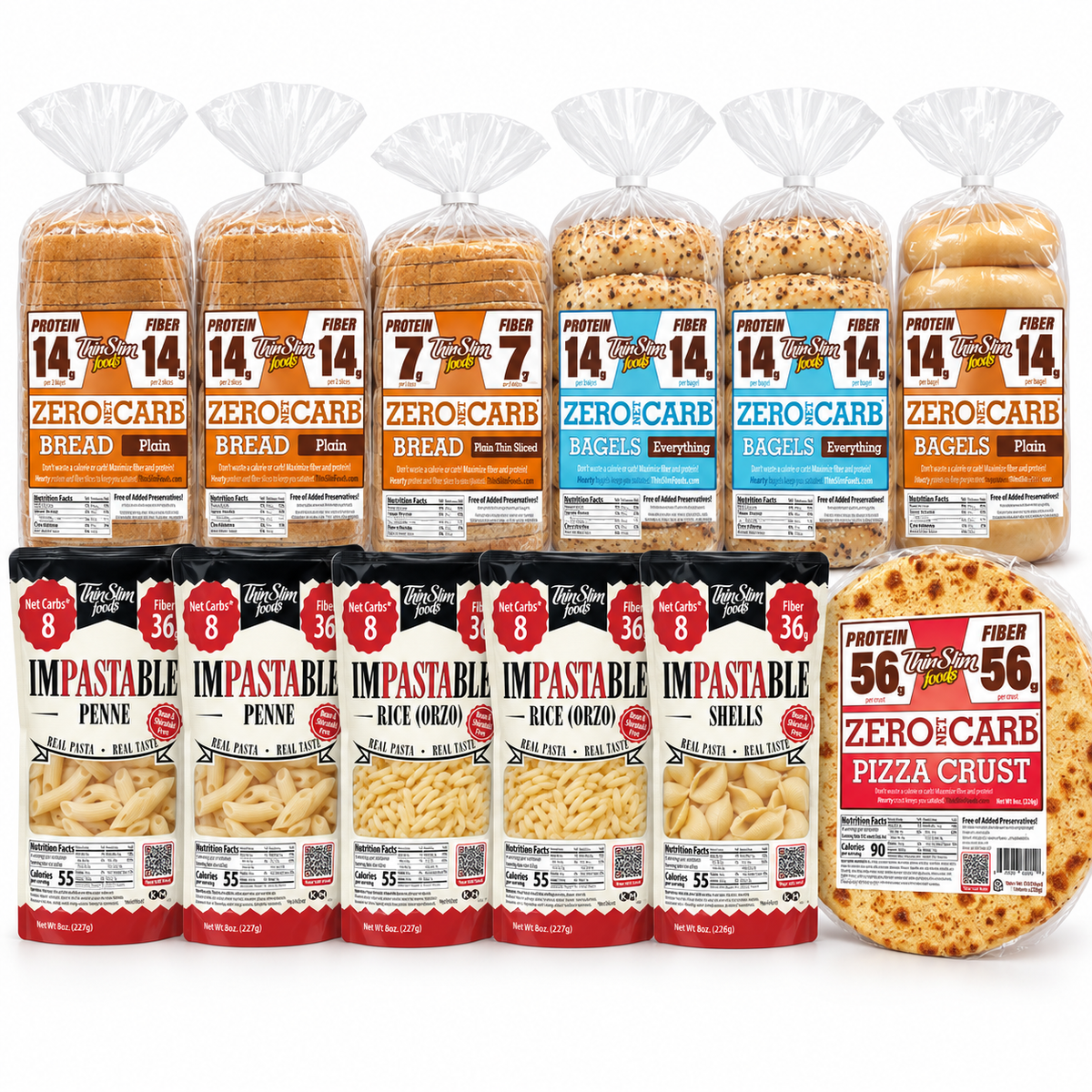 Example Build Your Own Box: twelve packages of ThinSlim Foods bread, bagels, Impastable pasta and pizza crust.
