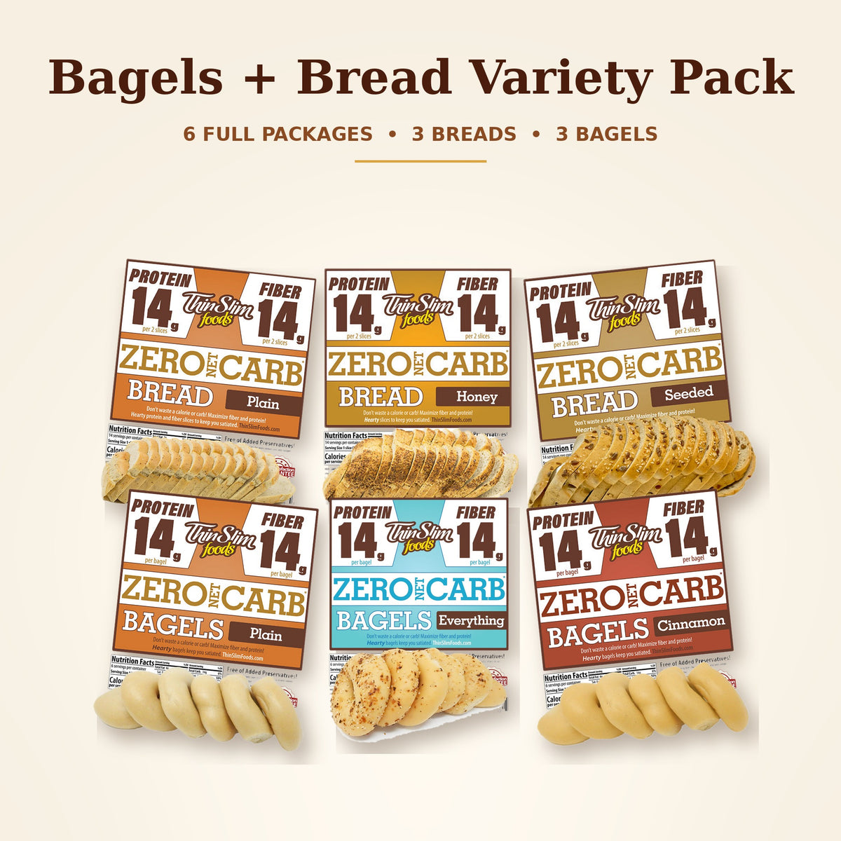 Bagels and Bread Variety Pack: three Zero Net Carb breads and three Zero Net Carb bagels